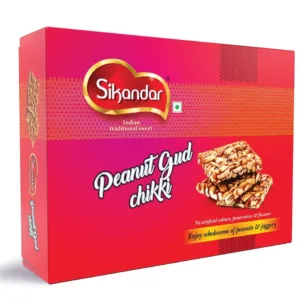 Peanut Gud Chikki by Sikandar – Traditional Shing Chikki made with jaggery and roasted peanuts, crunchy and nutritious sweet bar.